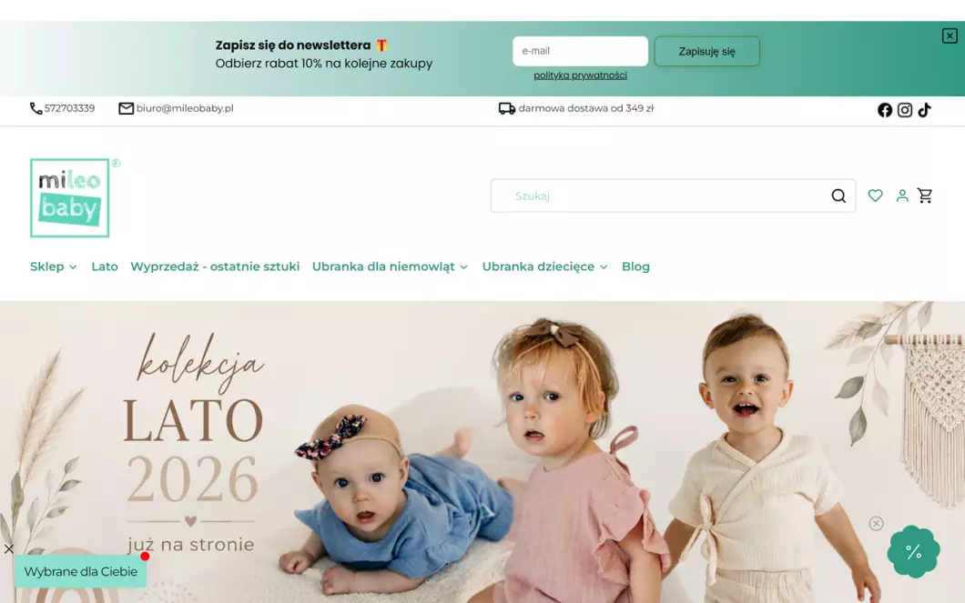 Zrzut ekranu strony Ubranka dla niemowląt - MiLeo Baby