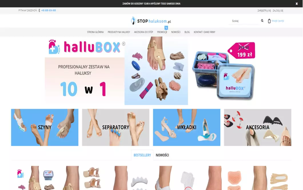 Zrzut ekranu strony StopHaluksom - aparaty na haluksy